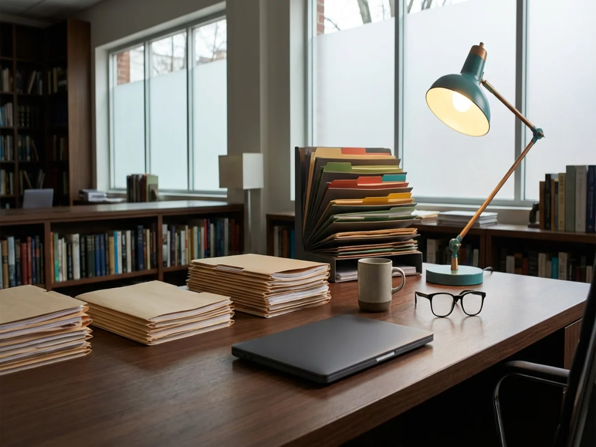 Redaktioneller Arbeitsplatz mit strukturierten Unterlagen Kfz-Versicherung, WebP 1200x900 Pixel